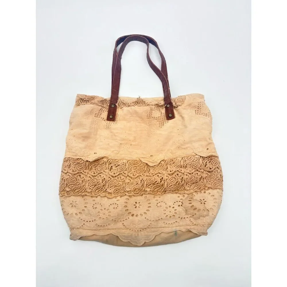 Free people | Beige Crochet Lace Tote Bag with Brown Handles